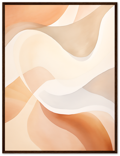 Abstract art with flowing shapes in warm shades, framed in brown.