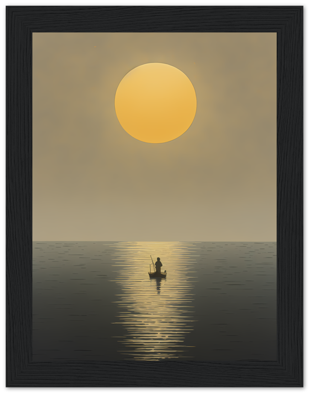 A framed artwork of a lone fisherman in a boat at sea with a large sun setting in the background.