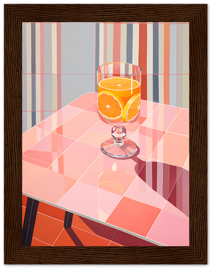 Illustration of an orange juice glass on a tabletop with striped background.