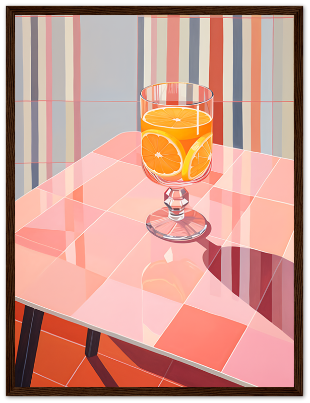 A stylized illustration of a glass of orange juice on a checkered table with striped background.