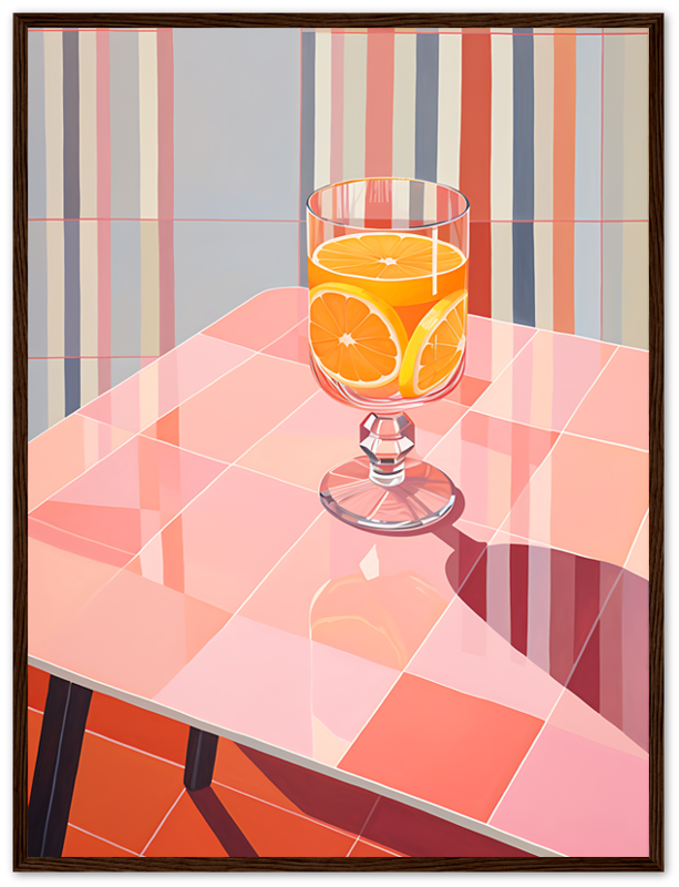 A glass of orange juice with slices on a checkered table, with a striped background.