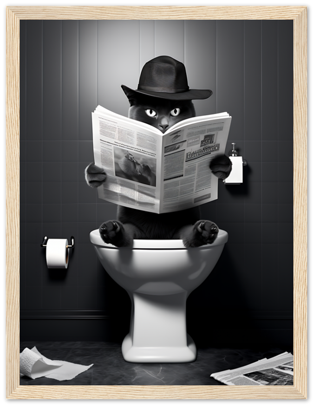 An anthropomorphic cat wearing a hat, reading a newspaper while sitting on a toilet.