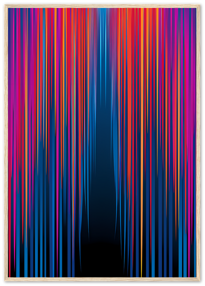 Abstract image with colorful vertical lines against a dark background, framed in white.