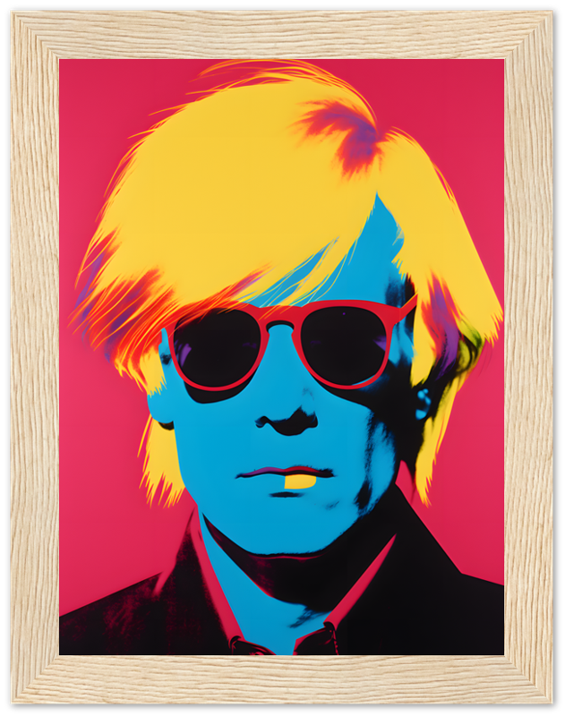 Pop art style portrait of a man with colorful hair and sunglasses, framed.