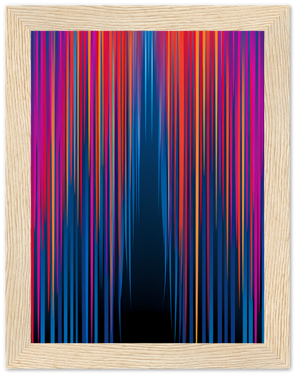 Abstract artwork with colorful vertical streaks in a wooden frame.