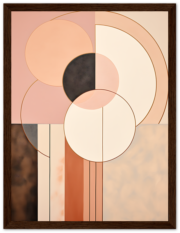 Abstract geometric art with circles and rectangles in pastel shades, in a wooden frame.