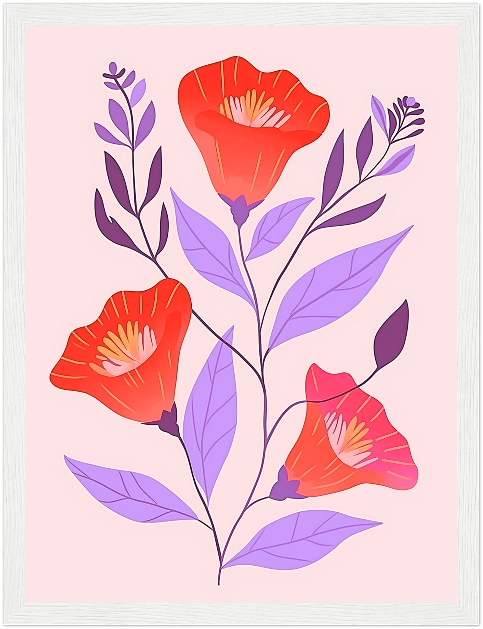 Illustration of red flowers with purple leaves in a brown frame.