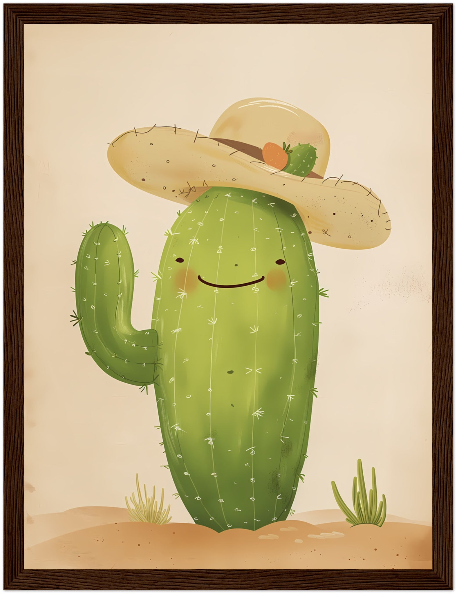 Illustration of a smiling cactus with a hat framed on a wall.