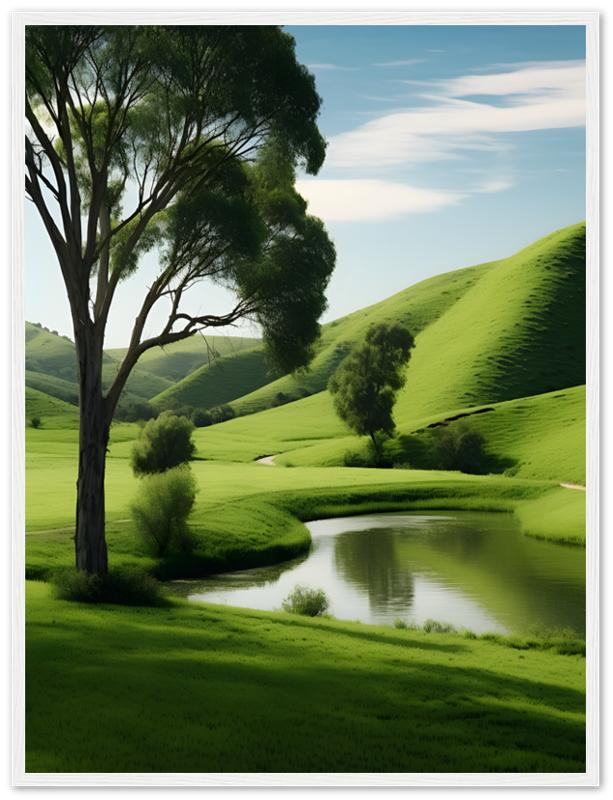A framed image depicting a serene landscape with green hills, trees, and a small pond.