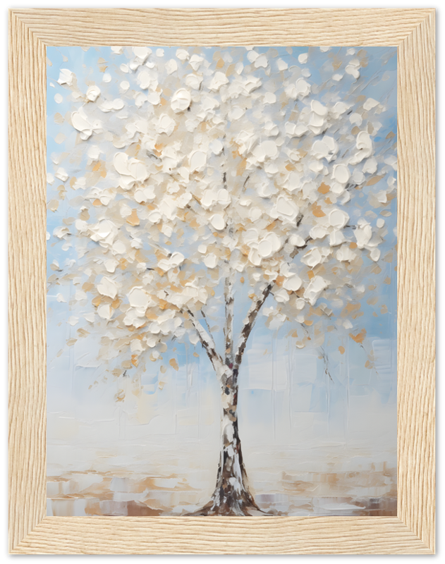 A textured painting of a white tree with blossoms in a wooden frame.
