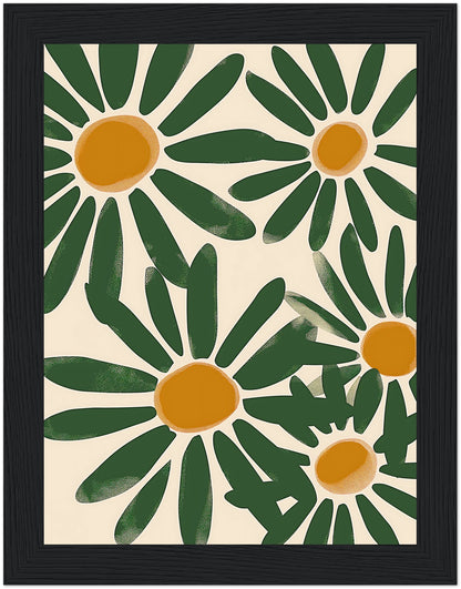A framed art piece featuring stylized green and yellow daisies on a cream background.