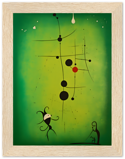 Abstract artwork with black lines and circles, figures at the bottom, and green to yellow gradient background, in a wooden frame.