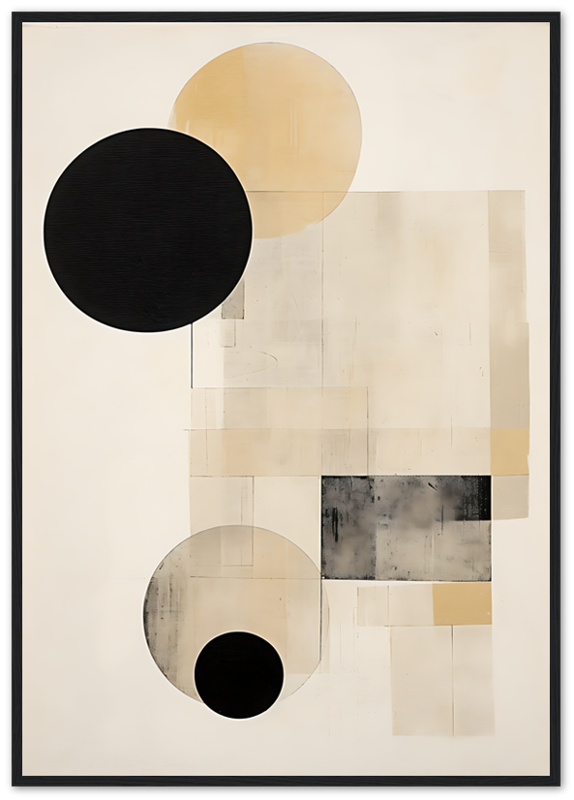 Abstract art with geometric shapes in black, beige, and white tones.
