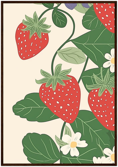 Illustration of red strawberries with green leaves and white flowers in a brown frame.