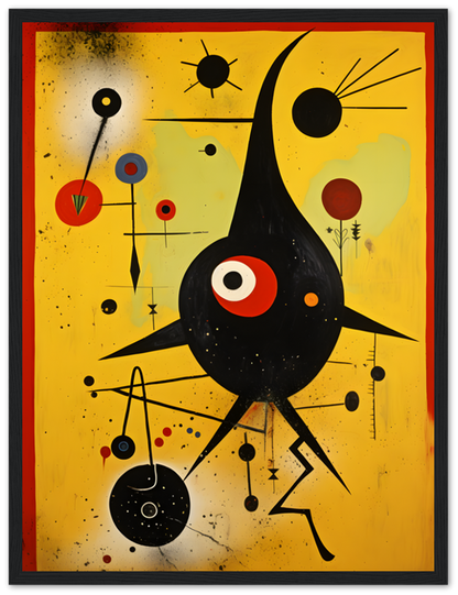 Abstract art with bold colors and whimsical shapes framed on a wall.