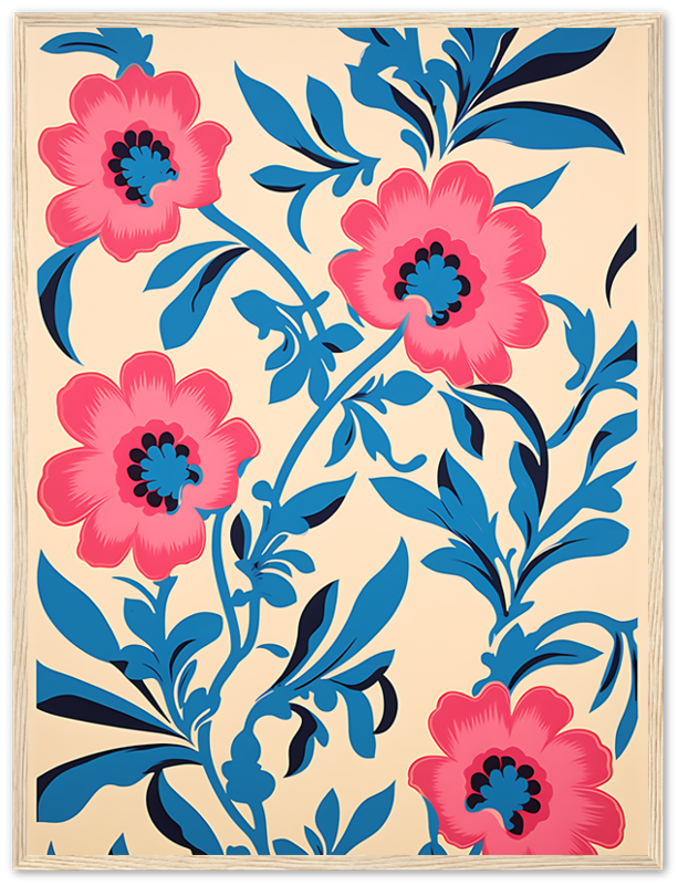Vintage-style floral pattern with pink flowers and blue leaves on a cream background.