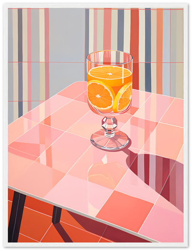 Illustration of a glass of orange juice on a tiled table with striped background.