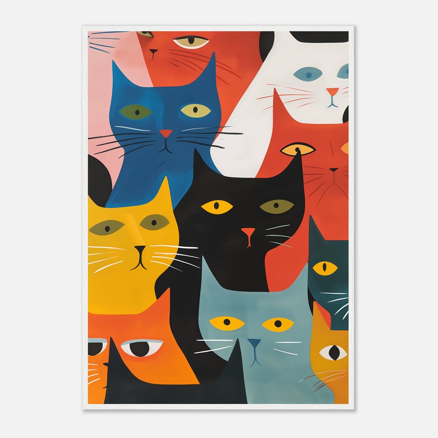Colorful artistic illustration of various stylized cats on a canvas.