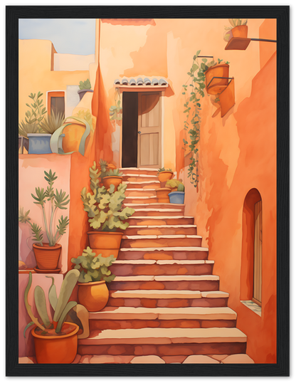 Illustration of a quaint sunlit stairway with potted plants leading to a door in a warm terracotta-colored building.
