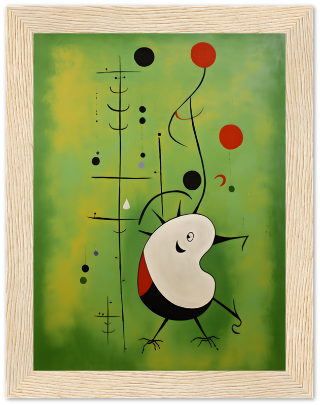Abstract painting with whimsical shapes and lines in a wooden frame.