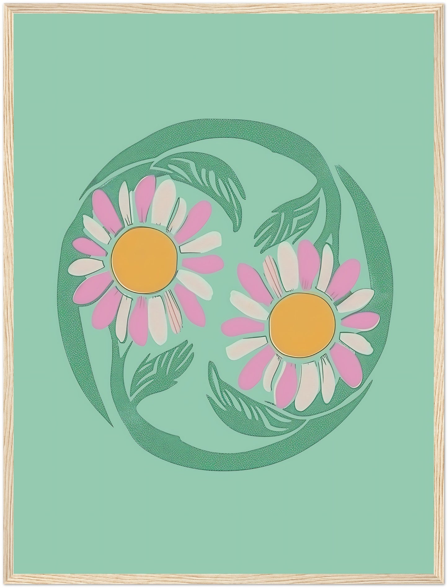 Stylized illustration of two daisies encircled by a green vine on a teal background with a brown frame.