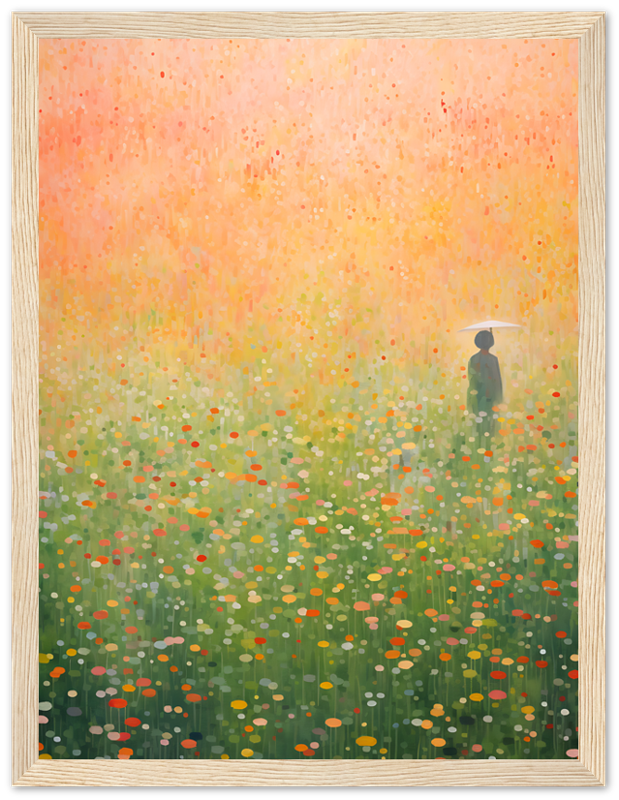 A framed painting of a person standing in a vibrant, colorful, flower-strewn field.