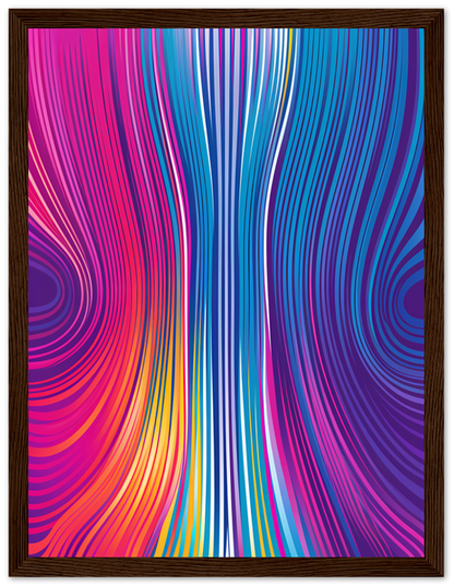 A framed abstract artwork with vibrant blue and pink wavy lines.