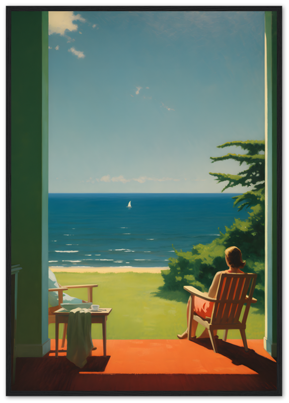 Painting of a person sitting on a chair watching the sea from a porch framed by a wooden doorway.