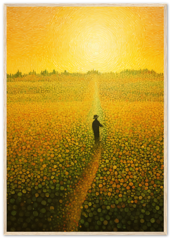 A person walking on a path through a field of flowers under a swirling sun.