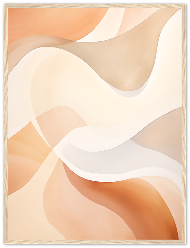 Abstract painting with soft, swirling shades of peach, cream, and white, framed in light wood.