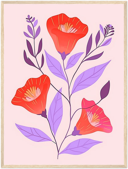 Illustration of red flowers with purple leaves in a brown frame.