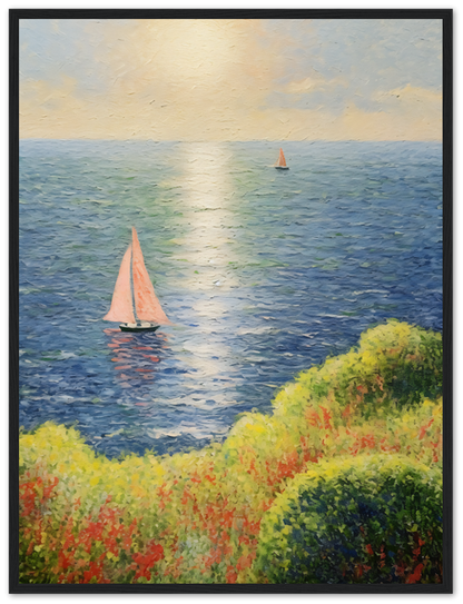 Impressionist-style painting of sailboats on a sunlit ocean, framed on a wall.