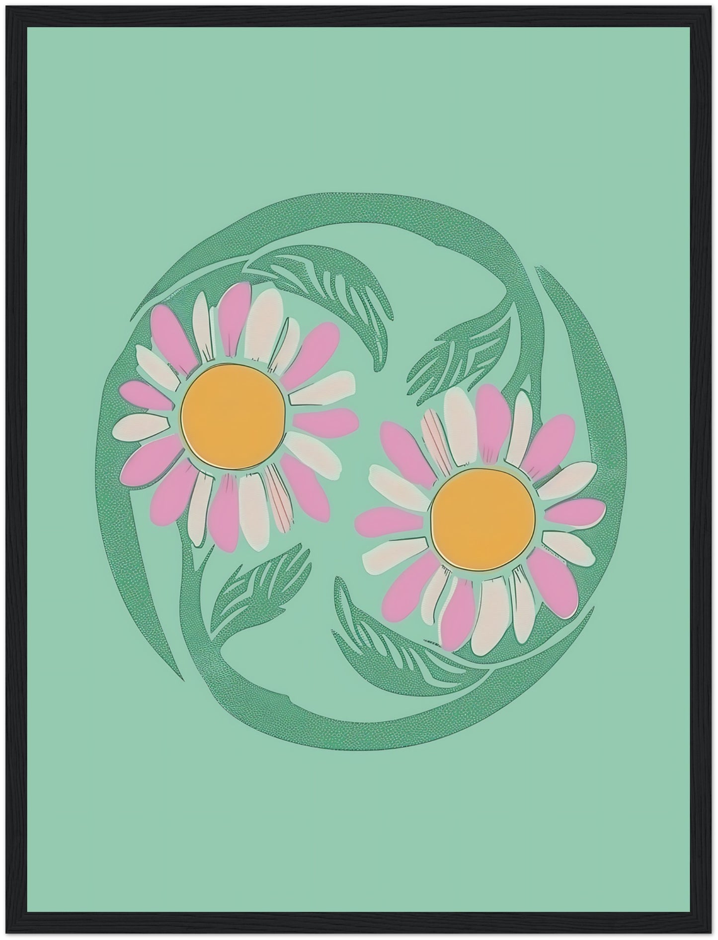 Stylized illustration of two daisies encircled by a green vine on a teal background with a brown frame.