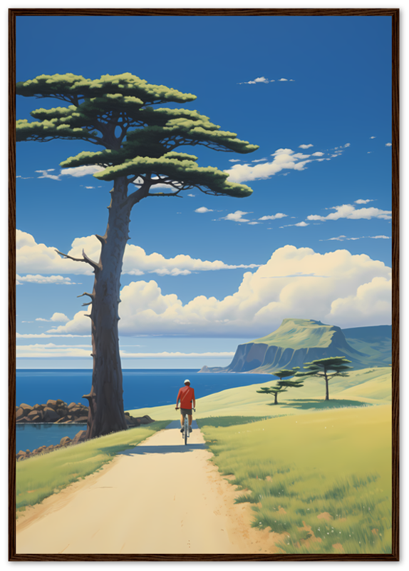A painting of a person walking towards the sea on a path with a single tree and cliffs in the distance.