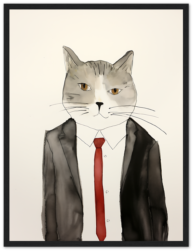 Illustration of a cat with a human body in a suit, framed on a wall.