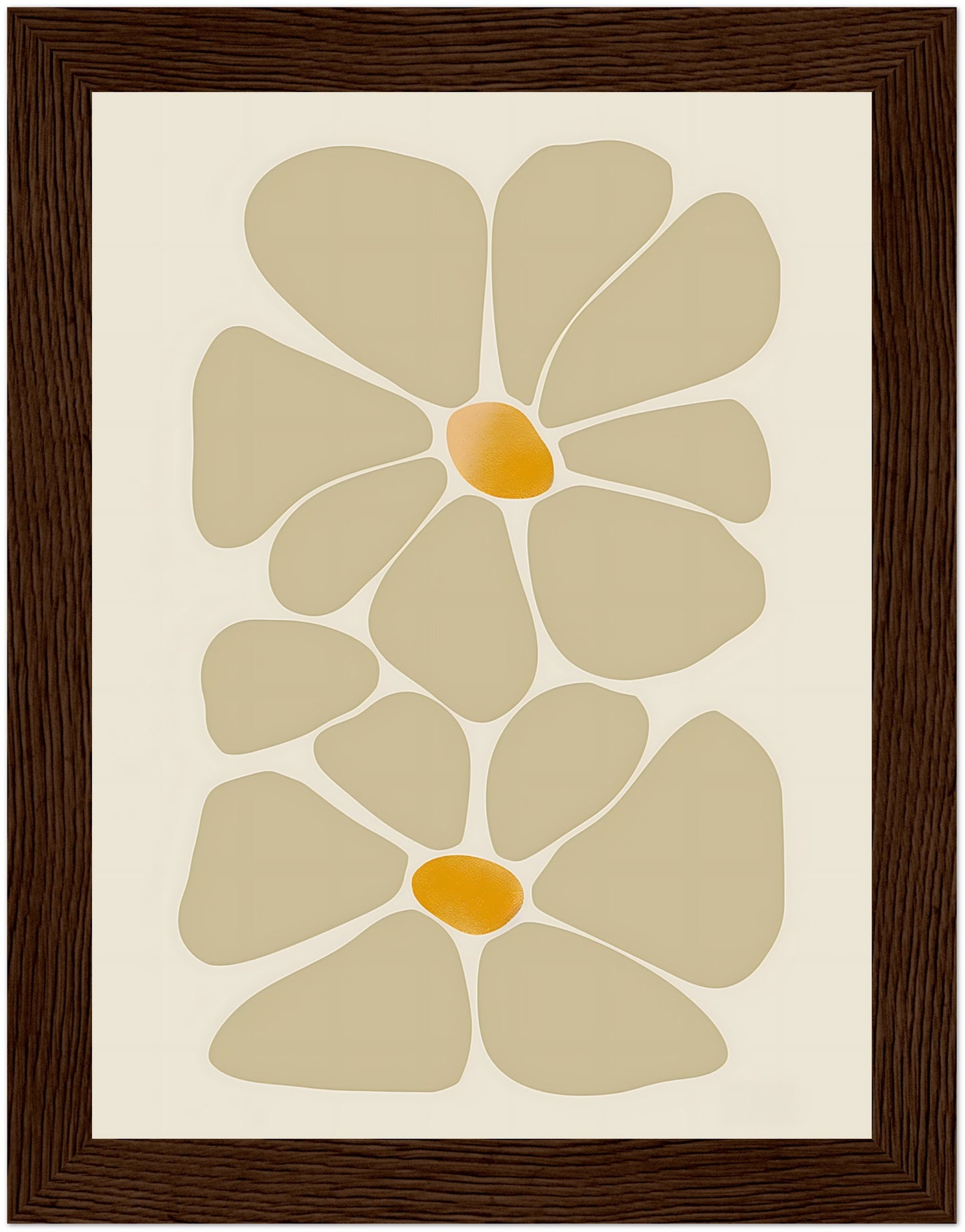 Abstract floral design in earth tones, framed with a wooden border.