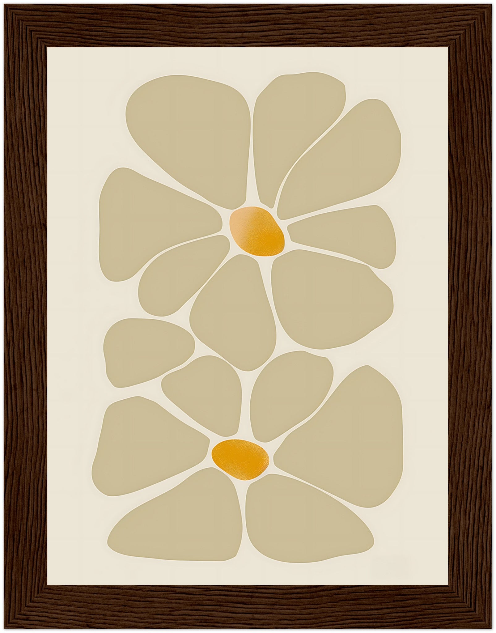 Abstract floral design in earth tones, framed with a wooden border.