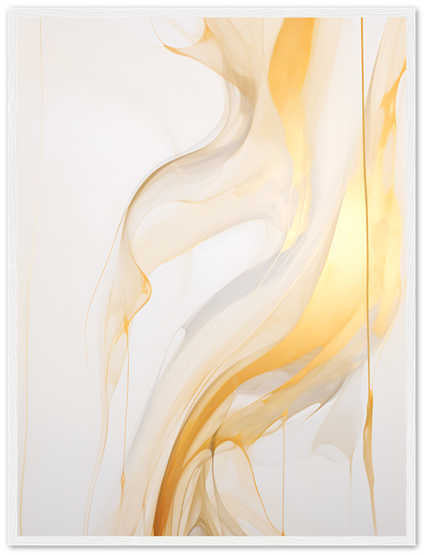 Abstract art with swirling golden and white patterns on a light background.