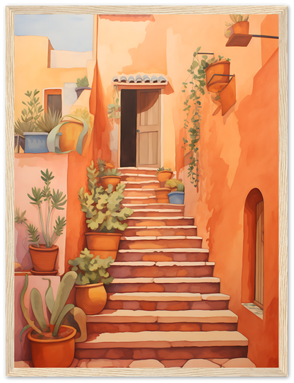A sunny stairway with plants on a terracotta-colored Mediterranean building.