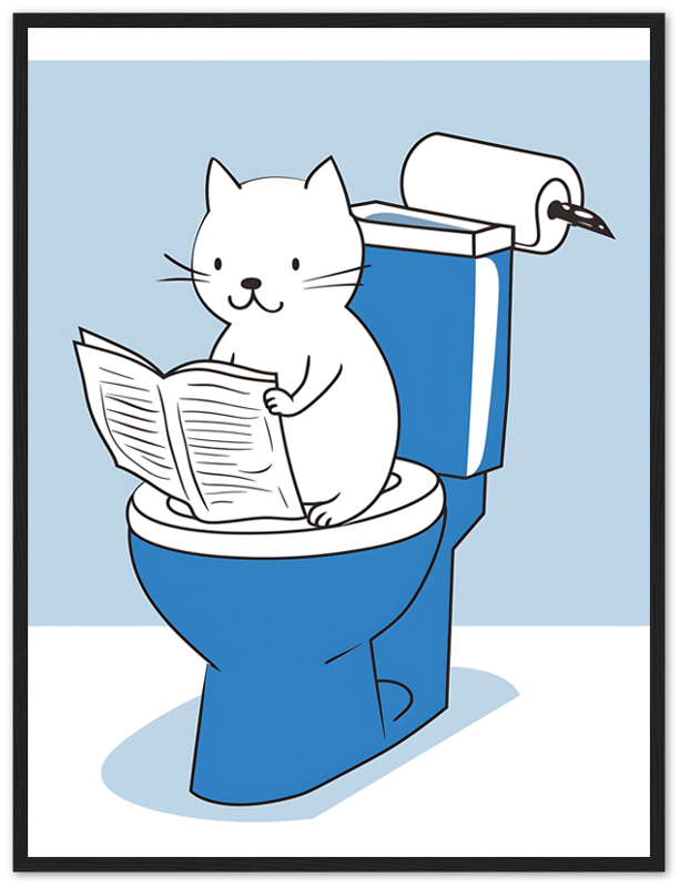 A cartoon of a cat reading a newspaper while sitting on a toilet.