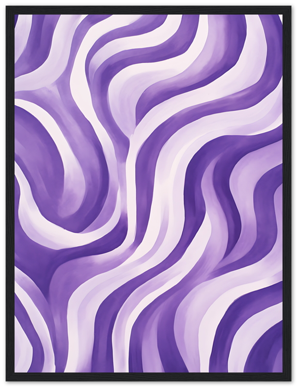 Abstract painting of purple and white wavy lines.