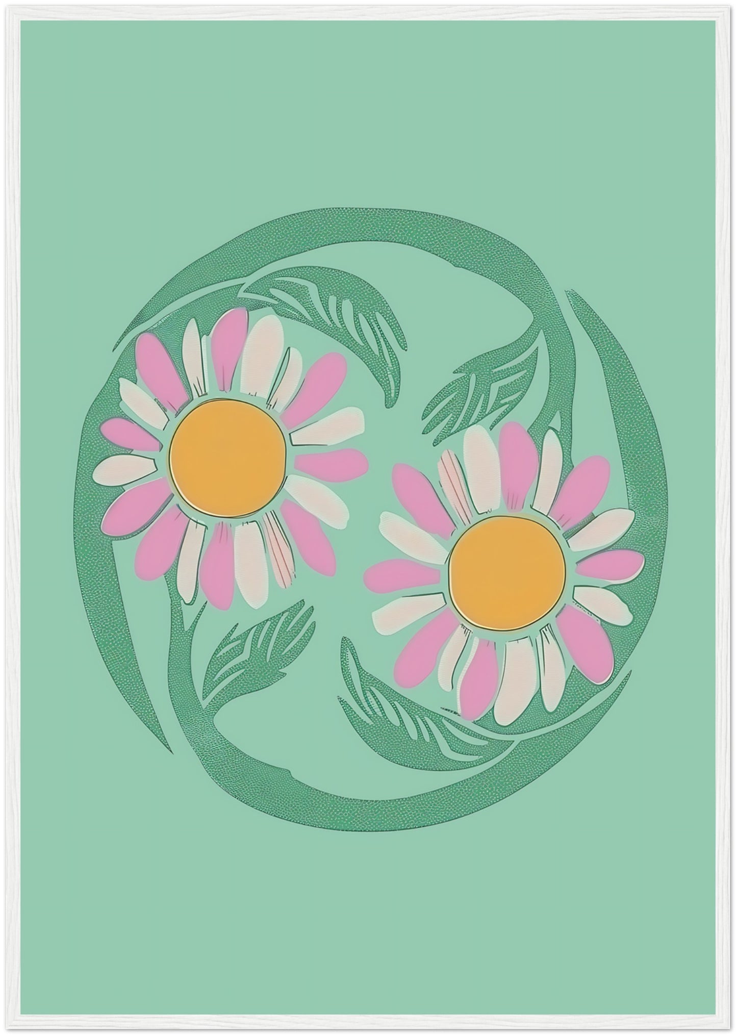 Stylized illustration of two daisies encircled by a green vine on a teal background with a brown frame.