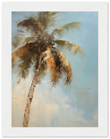 Painting of a palm tree with a blue sky background, framed and hung on a wall.