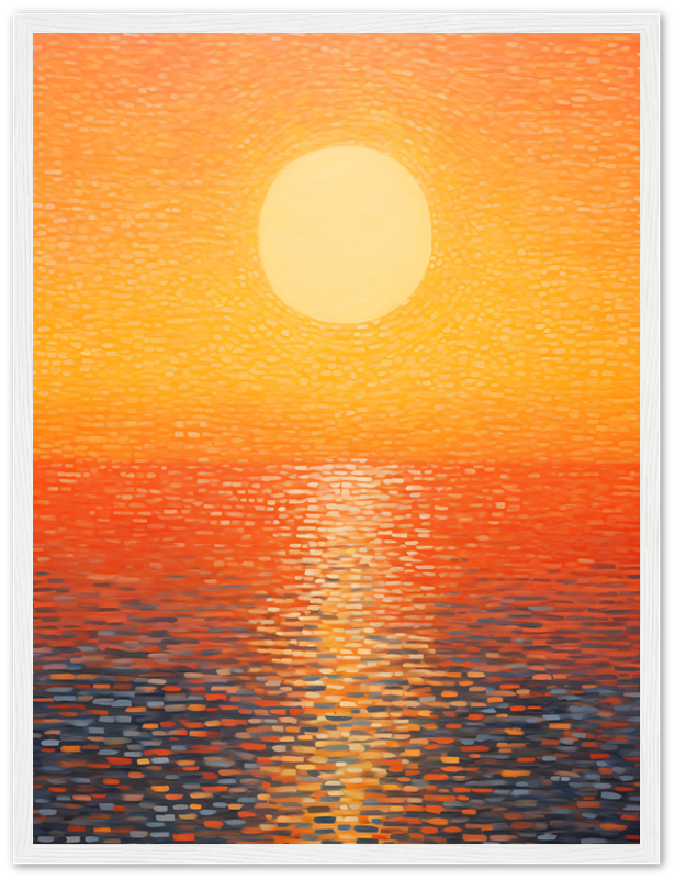 Impressionist style painting of a sunset over water with a wooden frame.