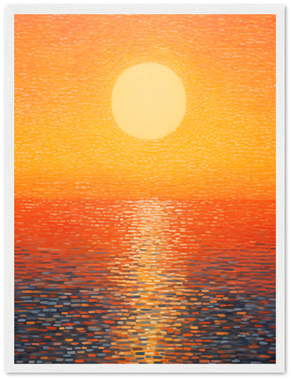 Impressionist style painting of a sunset over water with a wooden frame.