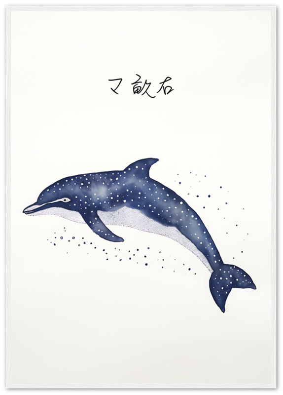 Illustration of a star-patterned dolphin on a white background with Japanese calligraphy above it.