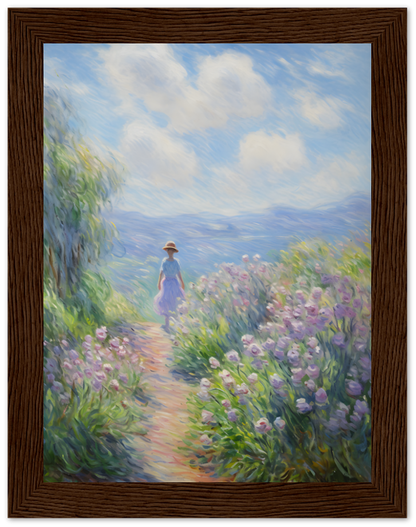 Impressionist-style painting of a person walking down a flower-lined path with scenic clouds above.