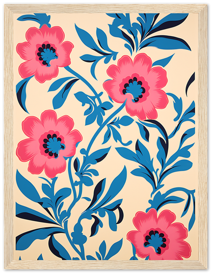 Vintage floral pattern with pink flowers and blue leaves on a cream background.