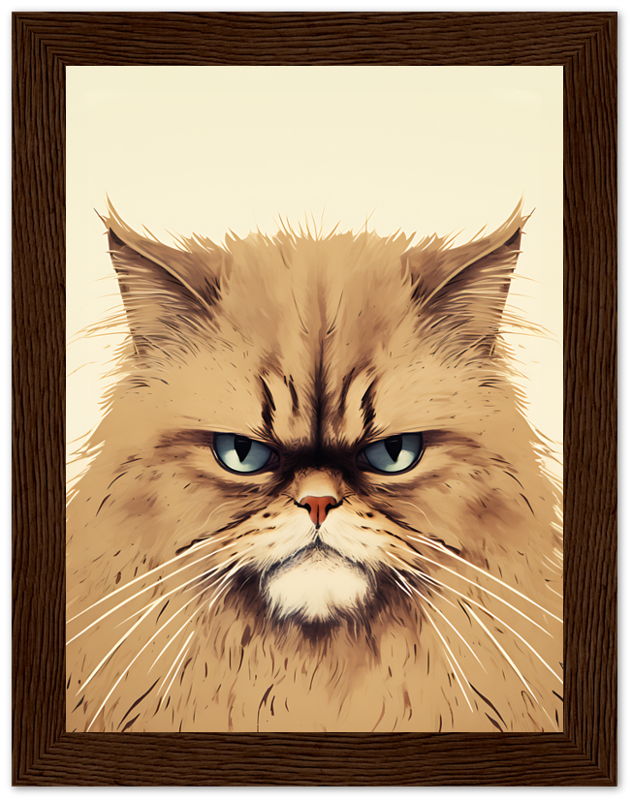 An illustrated grumpy cat with fluffy fur framed on a wall.