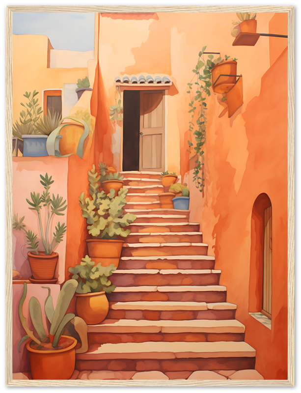 A warm-toned painting of a quaint staircase with potted plants lining the steps, flanked by terracotta walls.